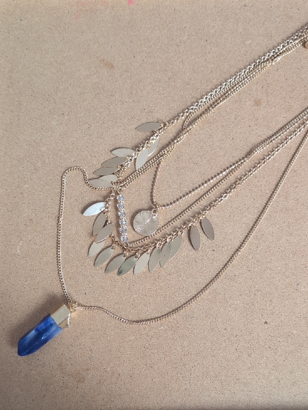 Gold-Tone Layered Necklace with Blue Pendant